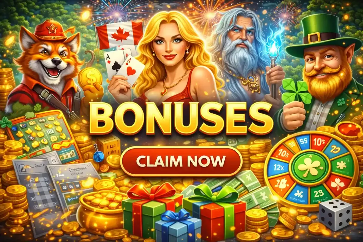 Exciting bonus offers with characters holding gifts coins and mobile banking surrounded by celebration elements