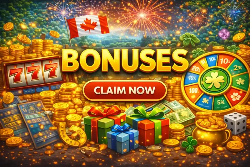 Festive welcome bonus display with slot machines gift boxes prize wheel and Canadian flag celebration