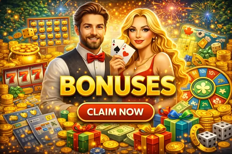 Attractive couple presenting casino bonuses with slot machines gift boxes and colorful prize wheel