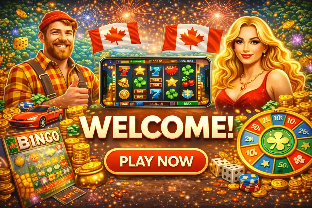 Vibrant casino welcome screen featuring slot machines bingo cards and Canadian flags with festive fireworks