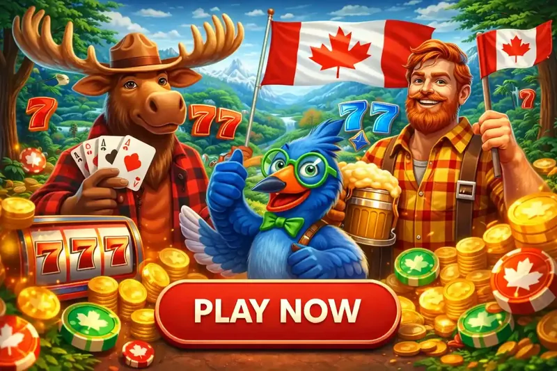 Cheerful moose beaver and lumberjack characters with Canadian flags playing cards and casino chips
