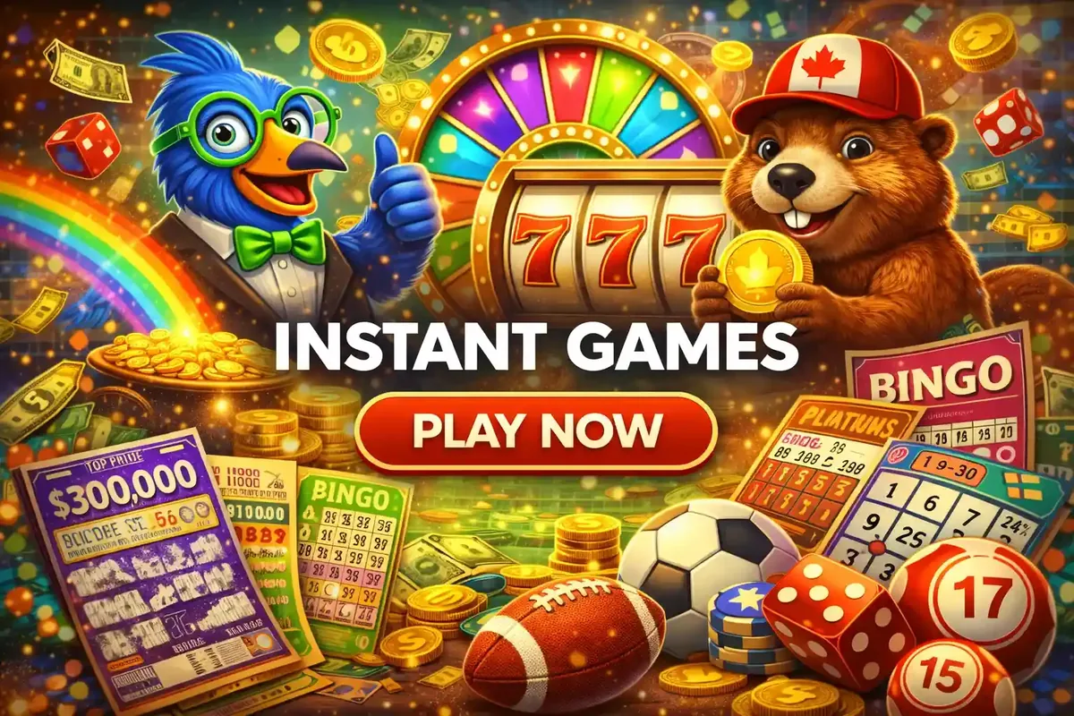 Colorful instant games featuring slot machine bingo cards lottery tickets with cheerful mascots and prizes