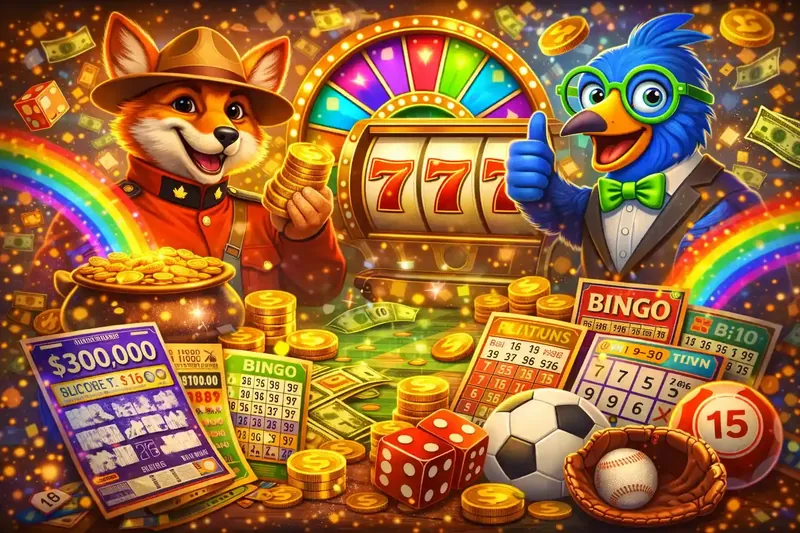 Vibrant lottery and instant win games with slot machine bingo cards scratch tickets and prize wheel