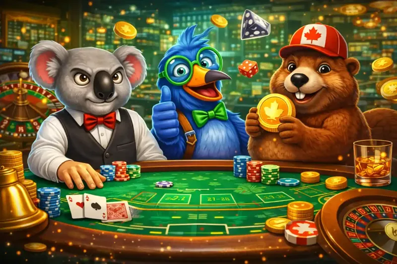 Koala bird and beaver mascots in formal attire at green casino table with chips and cards