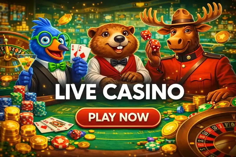 Animated beaver moose and bird characters enjoying live casino games with cocktails and dice
