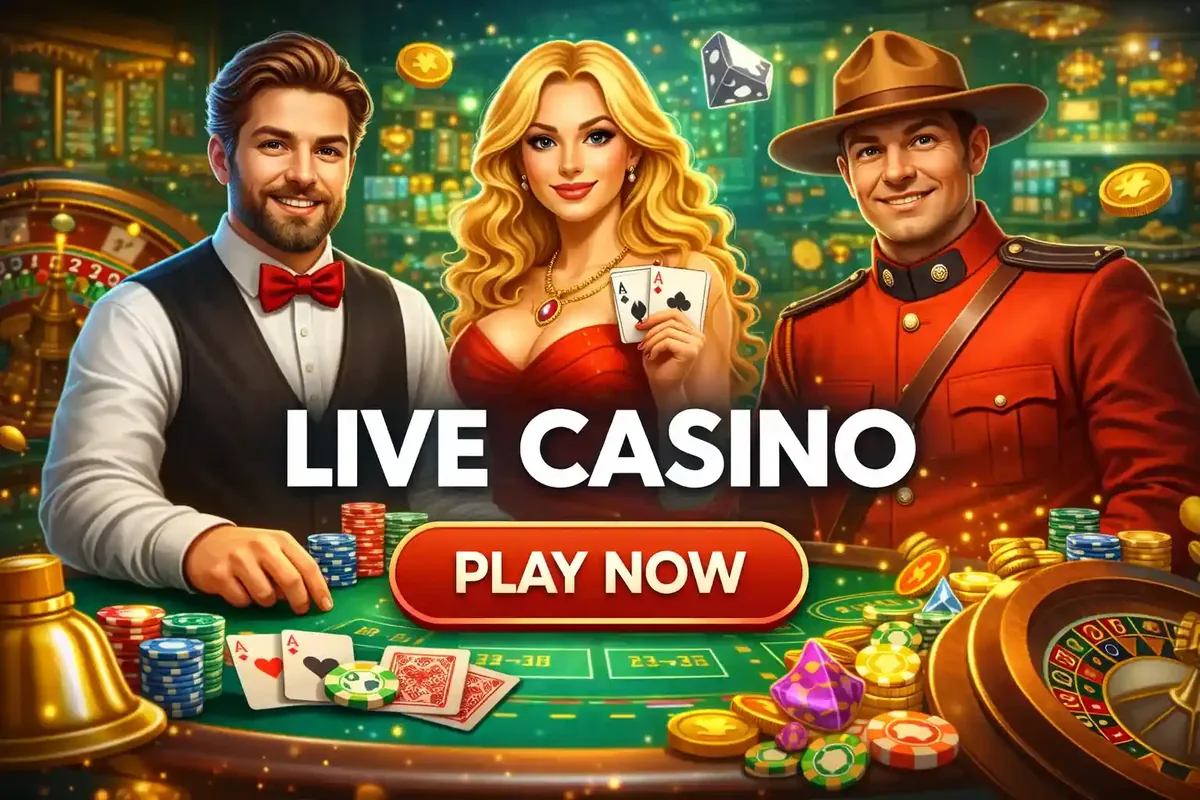 Professional dealers and Canadian Mountie at elegant casino table with roulette and card games