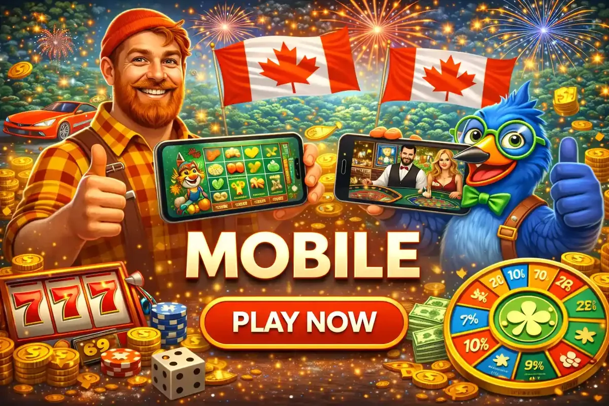 Mobile Casino Gaming Lumberjack and bird mascot showcasing mobile slots and live casino games with Canadian flags and fireworks