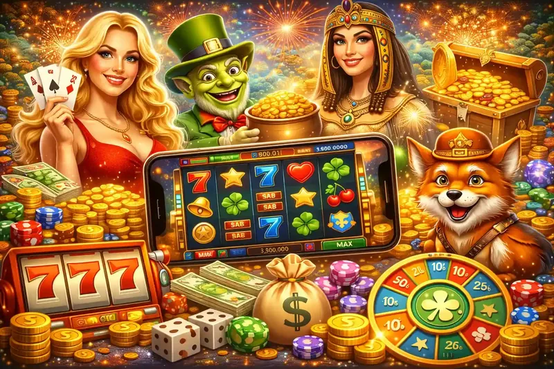 Mobile Casino Jackpot Glamorous woman leprechaun Egyptian queen and fox mascot with mobile slot game and treasure chests
