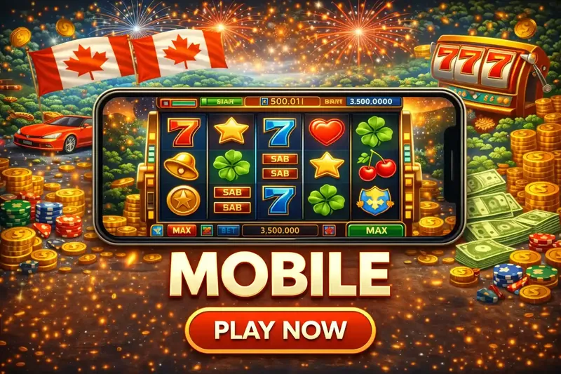 Mobile Slot Interface Classic slot machine game displayed on smartphone with Canadian flag luxury car and golden coins