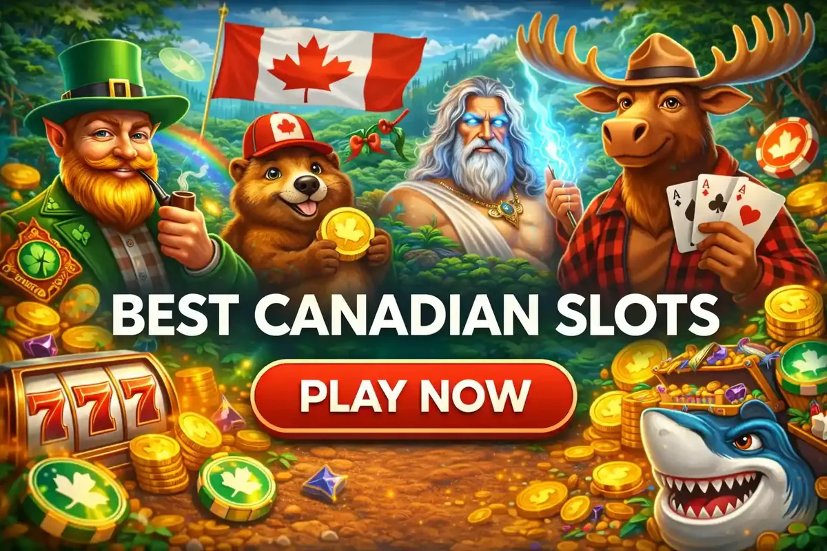 Best Canadian Slots Canadian wildlife and mascots with maple leaf chips featuring moose beaver shark leprechaun in scenic landscape