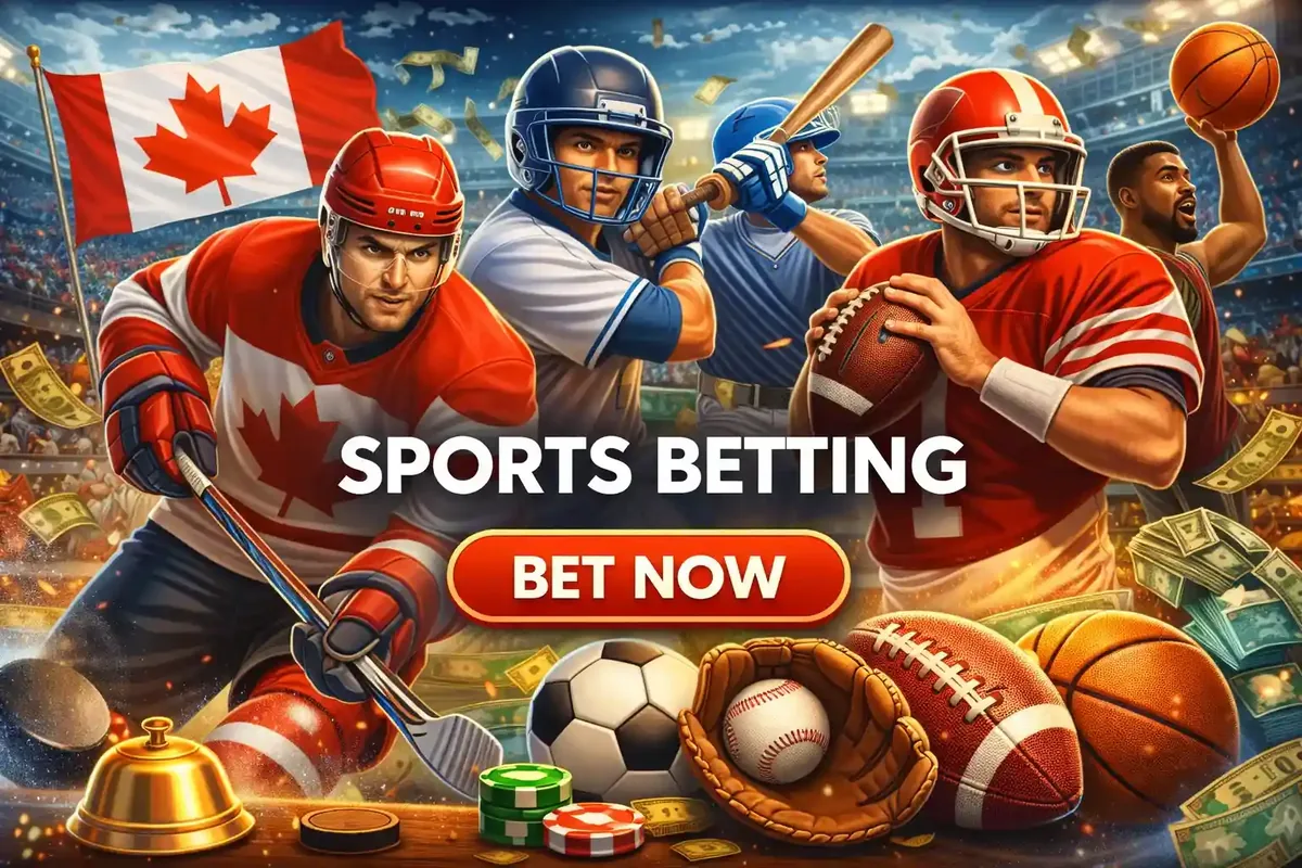 Canadian Sports Betting Dynamic athletes in hockey baseball football and basketball with Canadian flag and stadium atmosphere