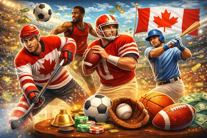 Multi Sport Betting Canadian athletes in hockey football basketball and baseball with sports balls and betting chips